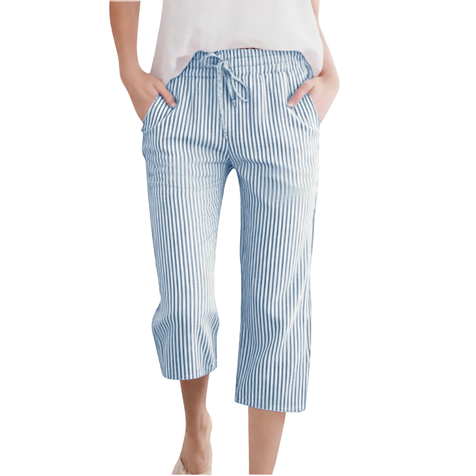 OSOLU Children Girls Pants Summer Casual Bottoms Elastic Waist Striped with Side Pockets Soft Comfortable Holiday Vibrant Trousers
