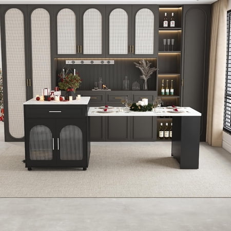 Montary 80 Expandable Kitchen Island with Extendable Table - Solid Wood Grain Countertop with Power Outlet & USB Ports Mobile Cart with Double-Side Storage Cabinet & Drawers (Black)