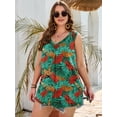 thumbnail image 5 of SHOWMALL Women's Plus Size Summer Tank Top, Soft Stretchy V Neck Pleated Tunic for Travel and Lounge, Vibrant Jungle Leaf 1X Sleeveless Side Slit Casual Layering Sun Shirt, 5 of 8