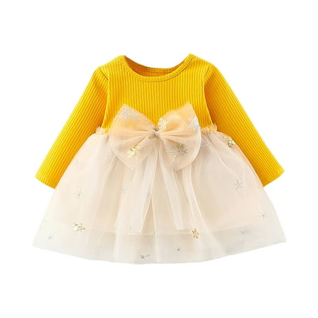 

EHTMSAK Infant Baby Toddler Child Children Kids Bow Fall Winter Dresses for Girls Long Sleeve Tulle Tutu Dress Sundress Yellow 1Y-6Y 70