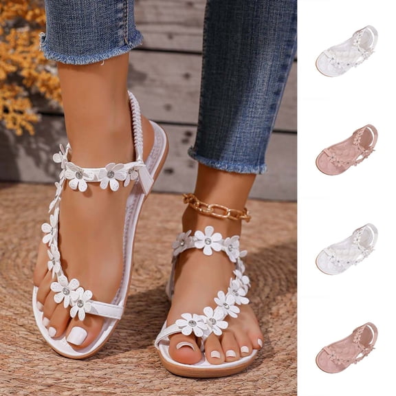 Womens Sandals Floral Thong Flat Sandals Plus Size Casual Fashion Elastic Ankle Strap Open Toe Flower Decorated Shoes for Summer Beach Daily Walking