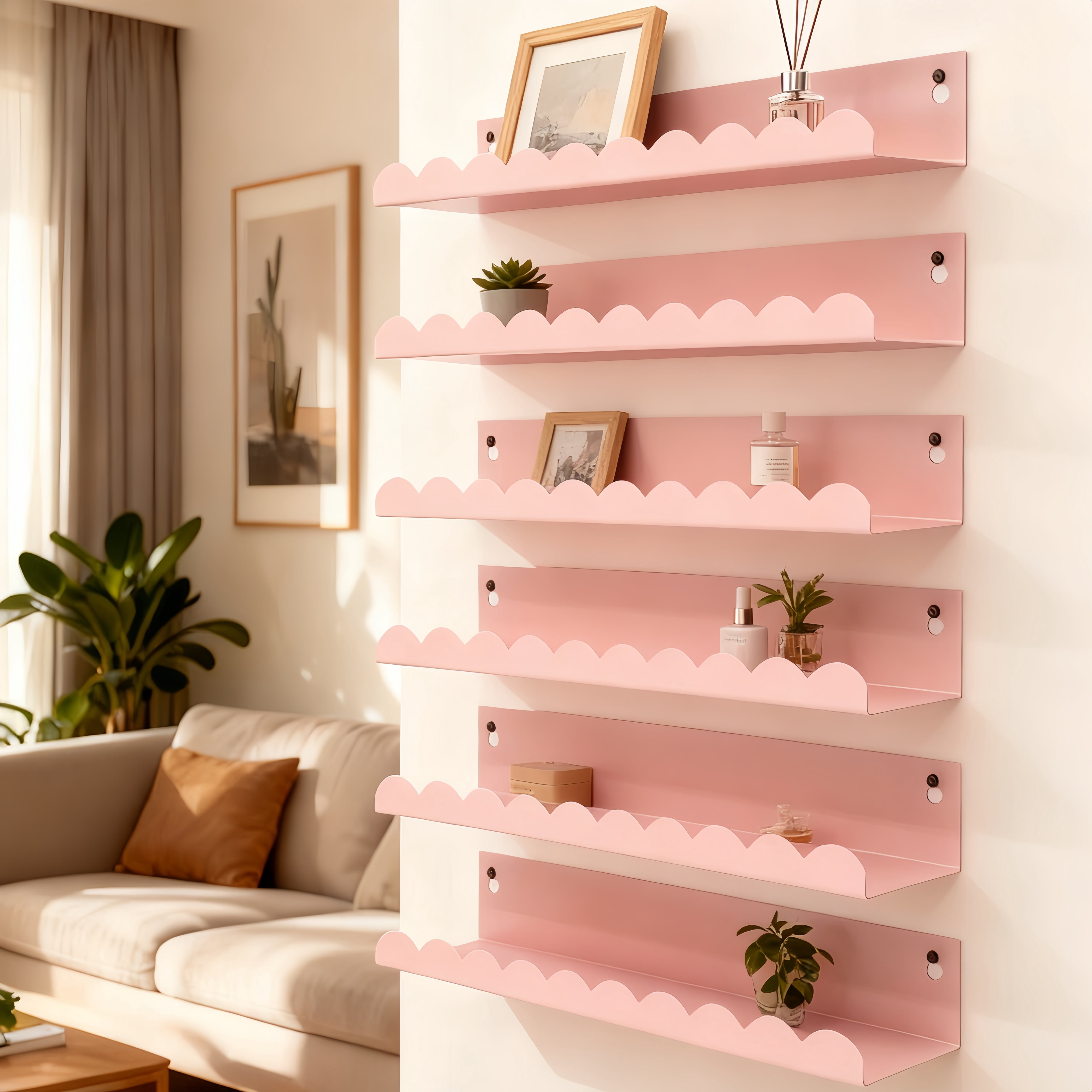 6-Piece Pink Metal Floating Shelves, 16" Cute Wall Bookshelf & Toy Display for Girls Room, Nursery