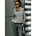 thumbnail image 3 of Womens Long Sleeve Quarter Zip Pullover Sweater Casual Loose V Neck Collared Ribbed Knit Jumper Tops Grey S, 3 of 8