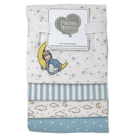 Precious Moments-Precious Moments Applique 4 Piece Baby Receiving BlanketsBlue These Precious Moments cotton receiving blankets will be a welcomed addition to any nursery  and they have so many uses. The 4 coordinating blankets are made from 100% soft cotton flannel and depict an appliqued sleepy baby nestled on the moon on a background of stars  another of stripes  a third with polka dots and lastly  clouds  stars and moons. Choose from pink  blue or gray & yellow hues. Each blanket measures 30 X 30 and wraps baby in warm comfort. Blue
