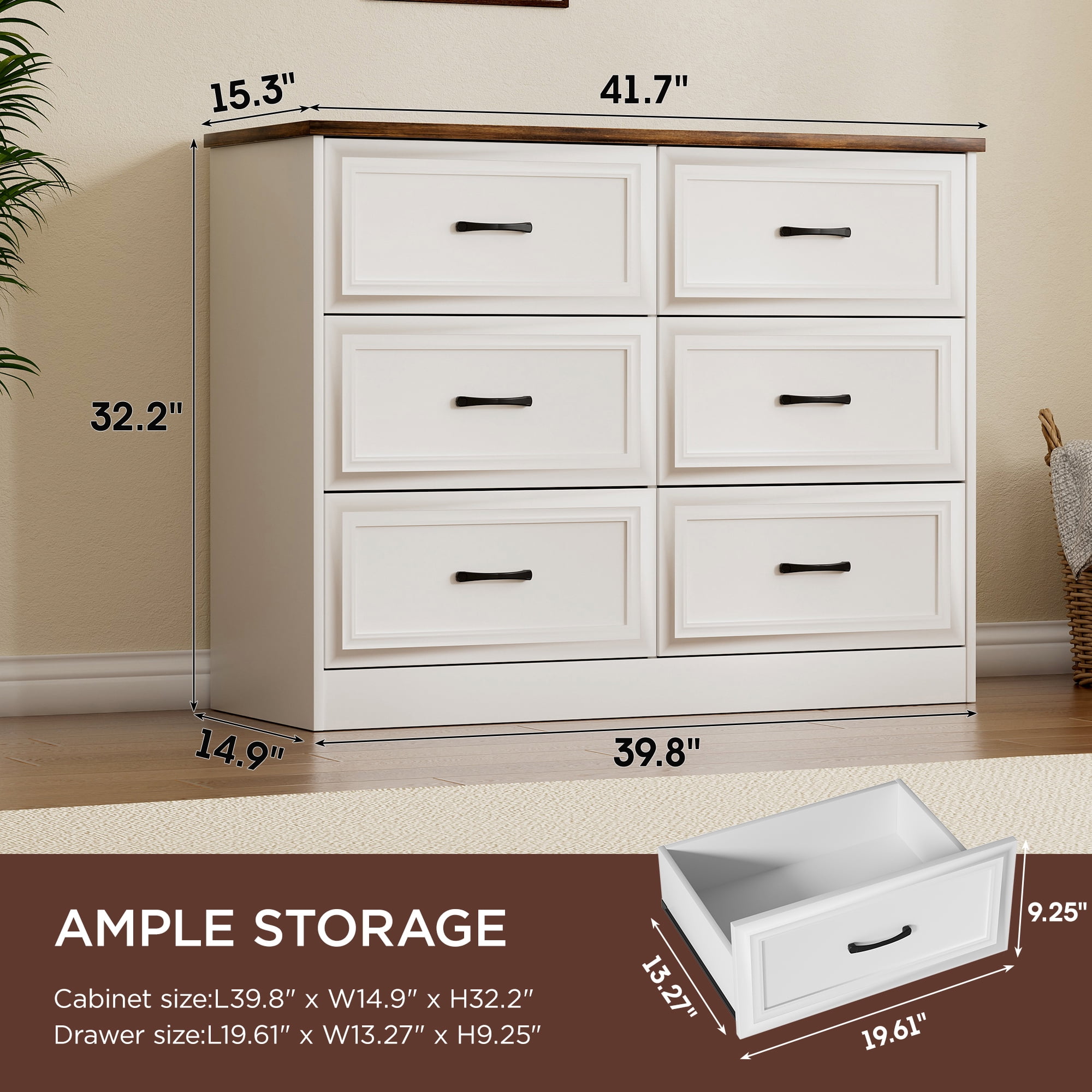 Vabches 6 Drawers Dresser with Charging Station for Bedroom, Wood Chest of Drawers, Farmhouse