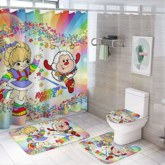 Rainbow Brite 4 Piece Bathroom Shower Curtain Sets Non-Slip Rugs Bath Mat Toilet Lid Cover U Shaped Mat for Bathroom Decor Set 72" X 72"