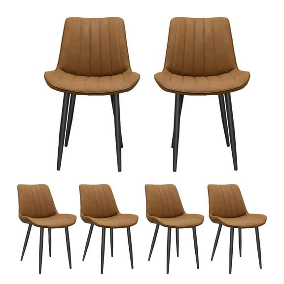 Brown PU Leather Dining Chair with Metal Legs, Pattern Upholstered Armless Chair Set of 6 for Kitchen, Restaurant, Living, Meeting Room