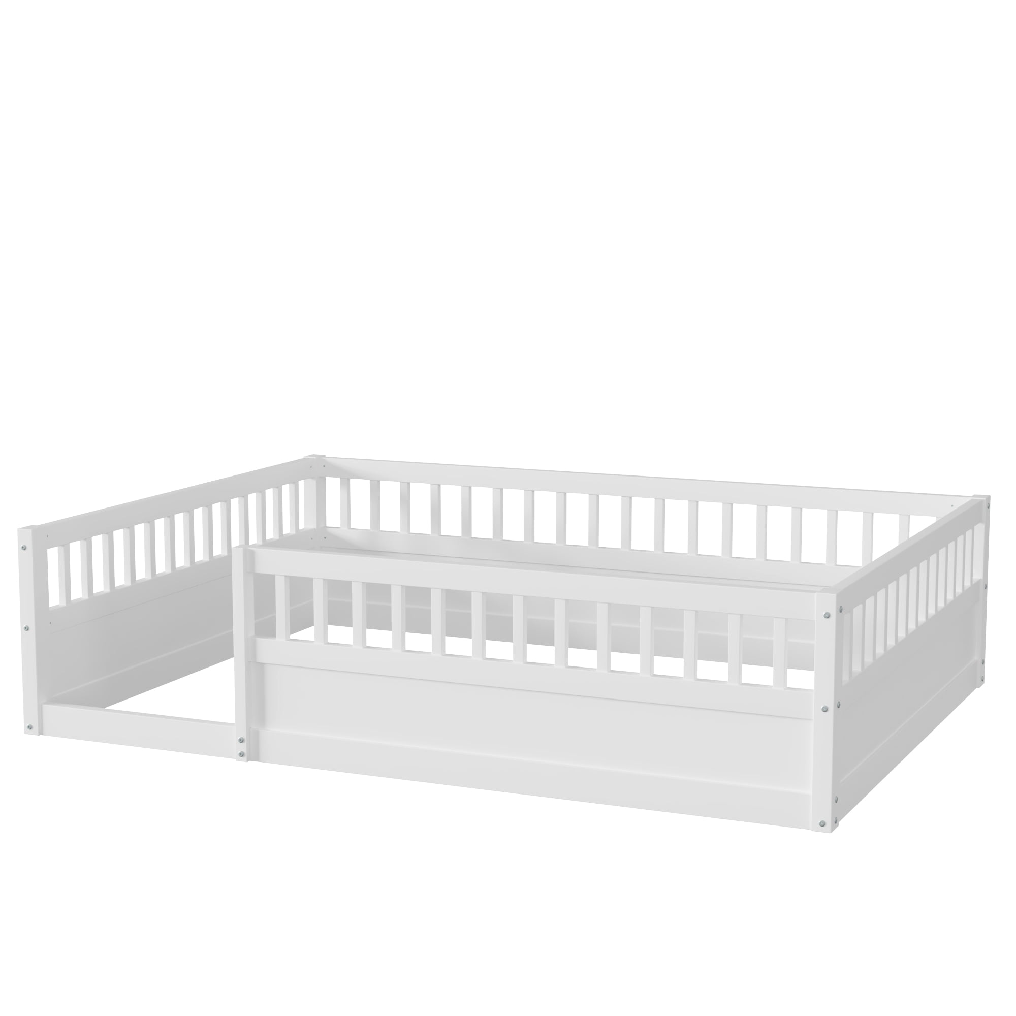 Aukfa Full Size Bed Frame with High Fence, Wood Montessori Floor Bed for Kids Toddler, White