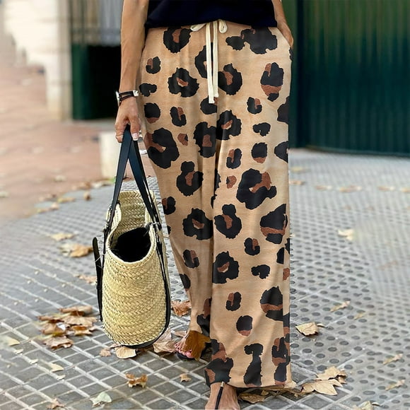 LSLJS Ladies Fashion Casual Leopard Print Wide Leg Pants Lace-up Pants Womens Work Pants