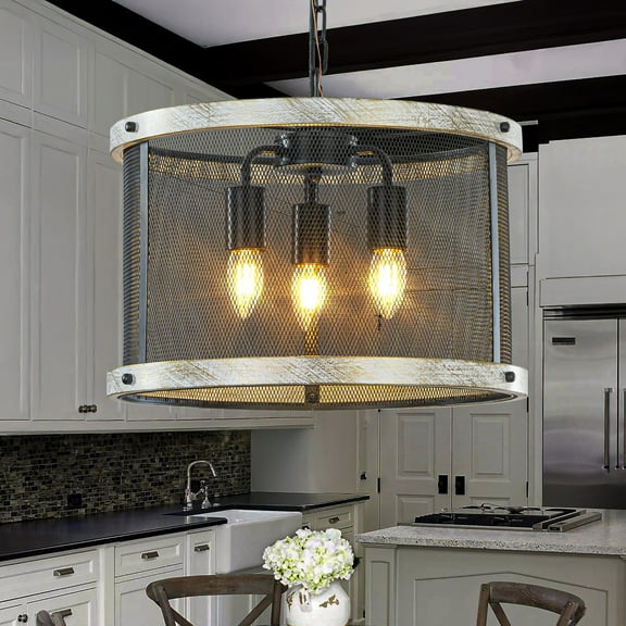 3-Light W16 in Rustic Drum Chandelier with Mesh Iron Shade in Black and White Washed Wood Industrial Hanging Pendant  Light for Dining Room Bedroom