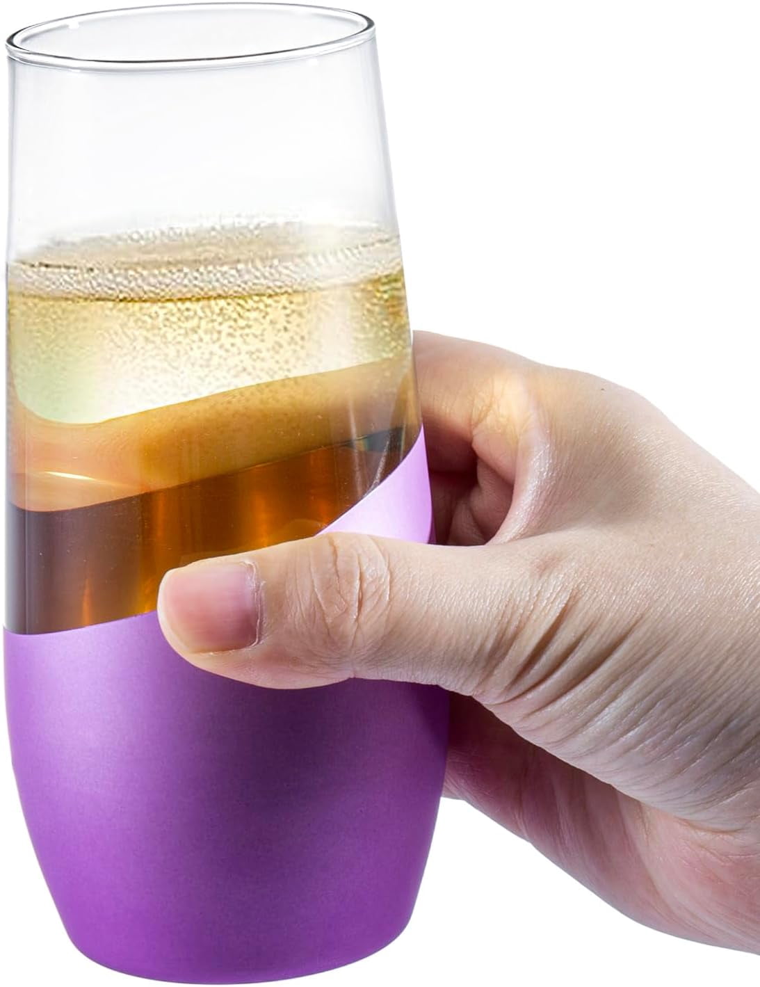 MyGift Set of 4 Purple and Gold Stemless Champagne Flutes 11 oz Modern Sparkling Wine Glasses Elegant Toasting Drinkware for Weddings Parties Home Bar Celebrations