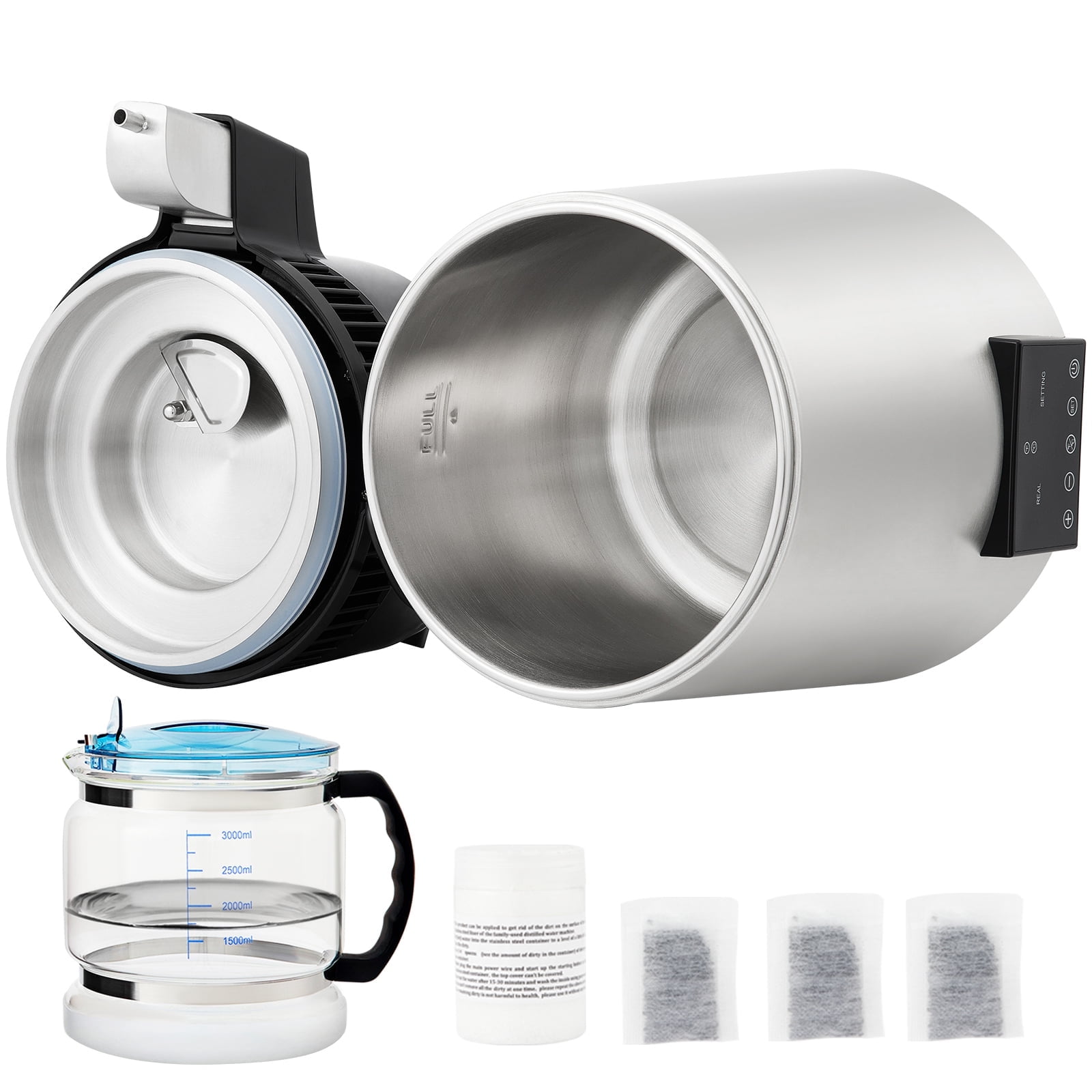 KFFKFF 1.1Gal/4L Water Distiller  1750W Distilled Water Maker Machine Dual Temperature Display Stainless Steel Countertop Distilled Water Silver