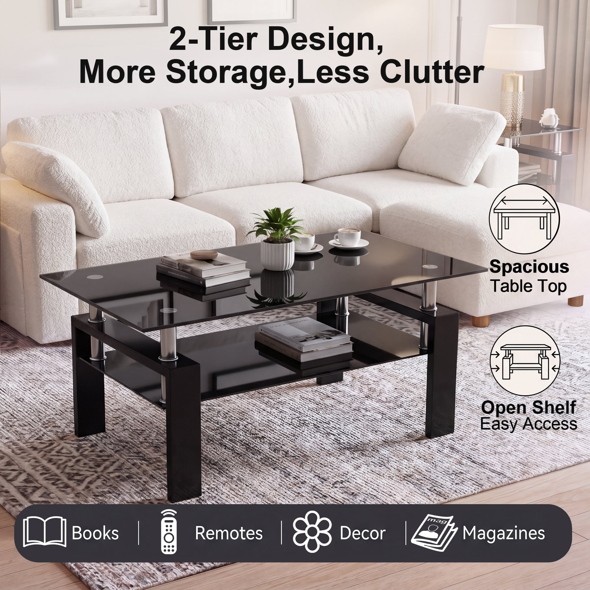 Glass Coffee Table with Lower Shelf, Holaki Modern Rectangular Tempered Glass Center Table with Metal Legs for Living Room, Black