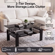 Glass Coffee Table with Lower Shelf, Holaki Modern Rectangular Tempered Glass Center Table with Metal Legs for Living Room, Black