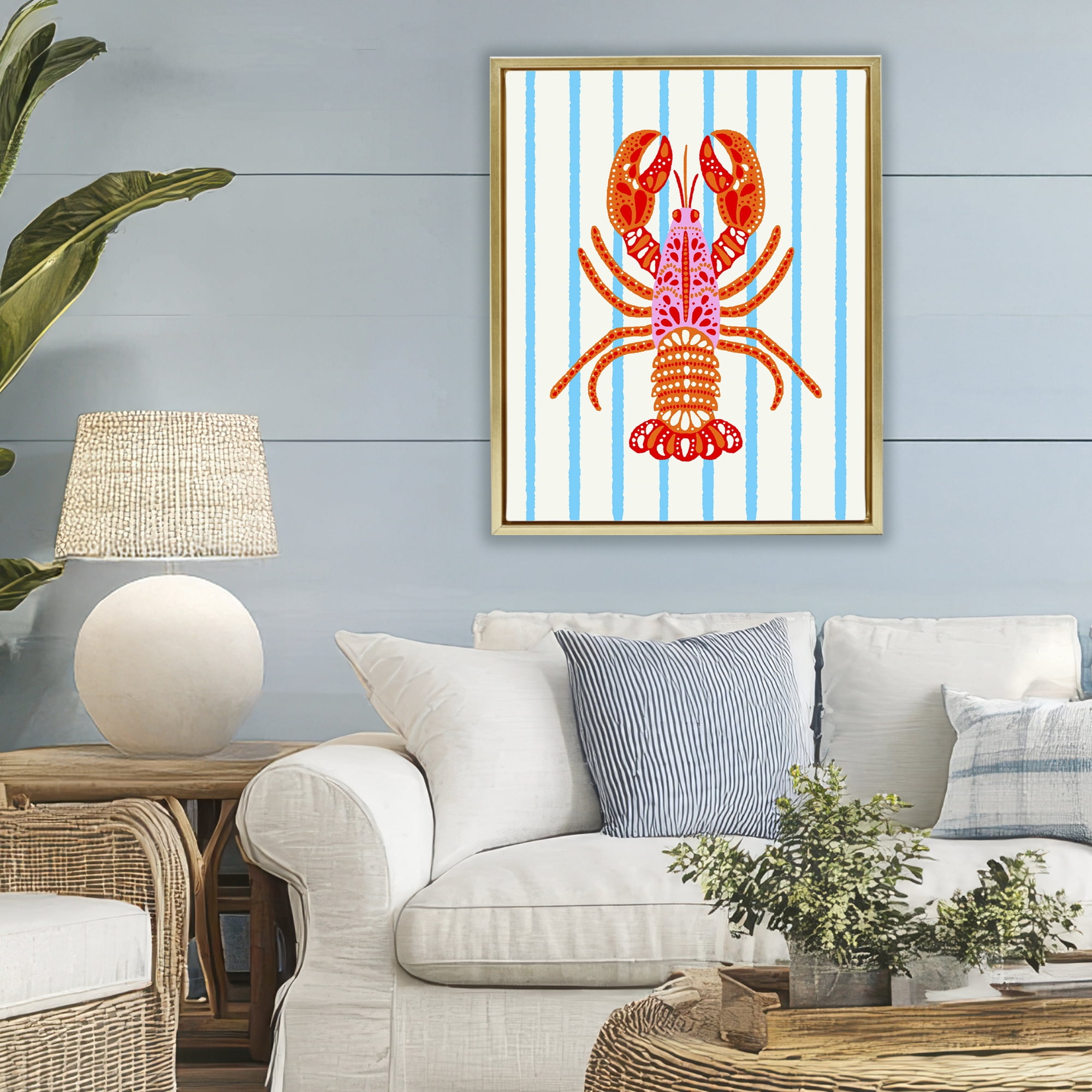 Stupell Industries Bright Boho Lobster on Stripes Gold Framed Floater Canvas Wall Art, design by Indira Prieto | IndySign
