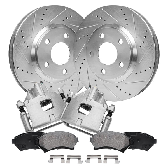 Detroit Axle - Front Brake Kit for Chevy Impala Monte Carlo Cadillac DeVille Seville Eldorado Buick Riviera Olds Intrigue, Drilled Slotted Brake Rotors Brake Calipers Ceramic Brake Pads Replacement