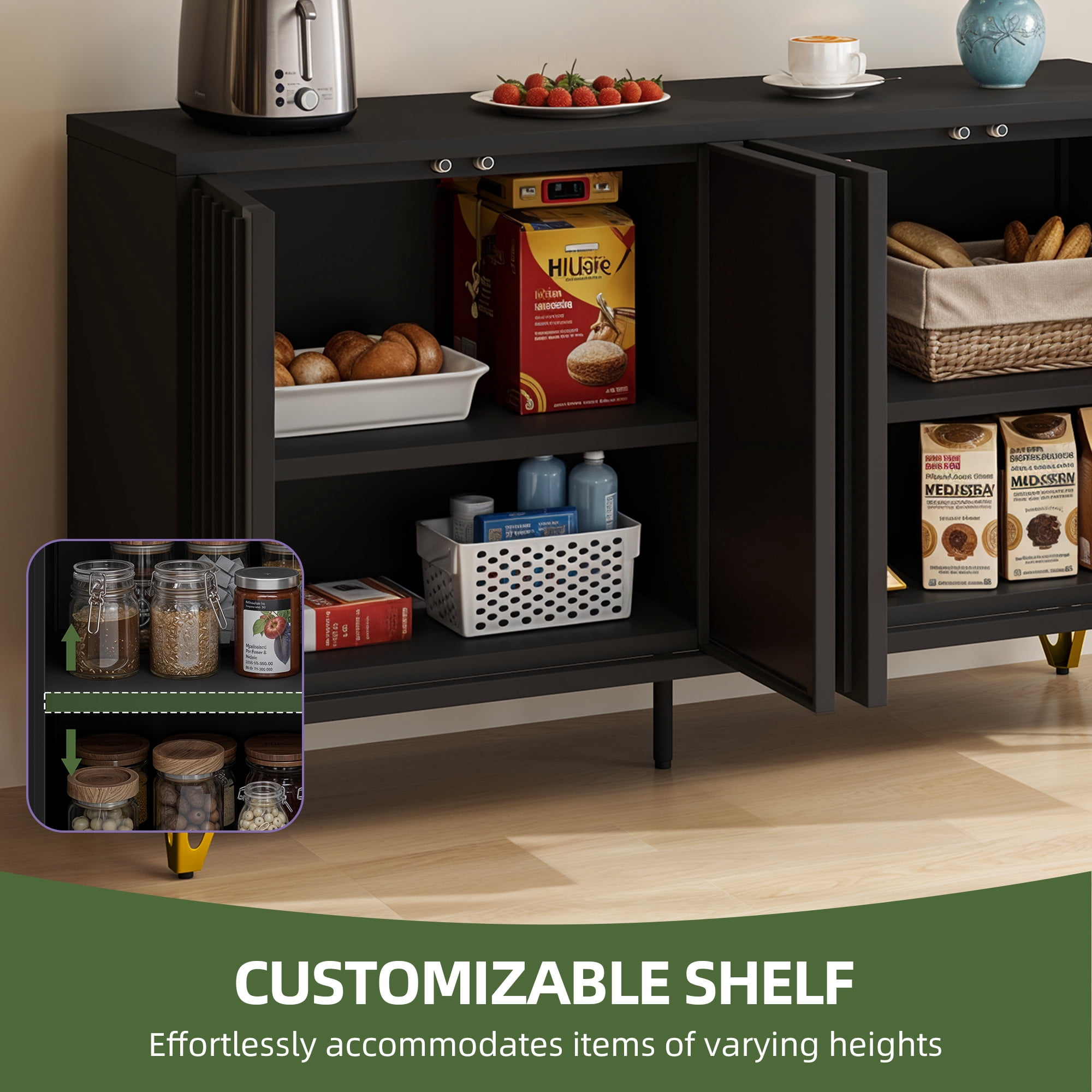 Uforic Metal 54.5" Kitchen Sideboard Cabinet with Shelves, Fluted Storage Cabinet with Doors, Black