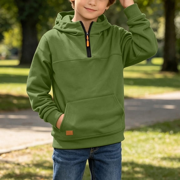 qolati Quarter Zip Hoodies for Boys Long Sleeve Pullover Sweatshirt with Pocket Teen Fleece Plain Hooded Athletic Tops Kids Fall Winter Clothes 4-5 Years