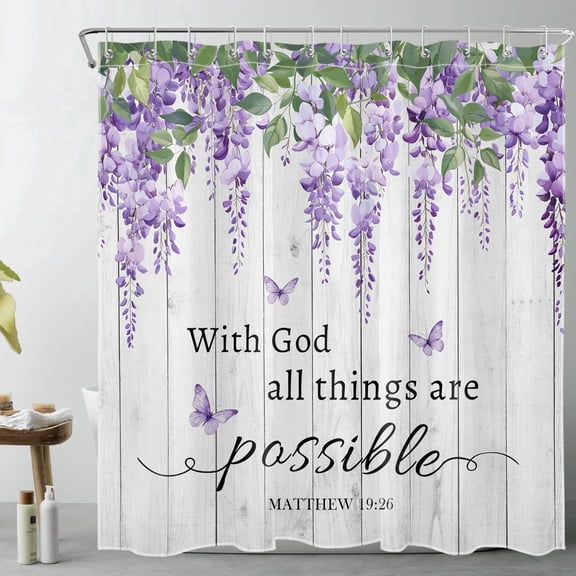HVEST Farmhouse Lilac Purple Flower Shower Curtain, Purple Lavender Floral Shower Curtain - Butterfly Bible Verse Bathroom Decor, Waterproof Polyester Fabric, Includes 12 Hooks, 72x72 Inches