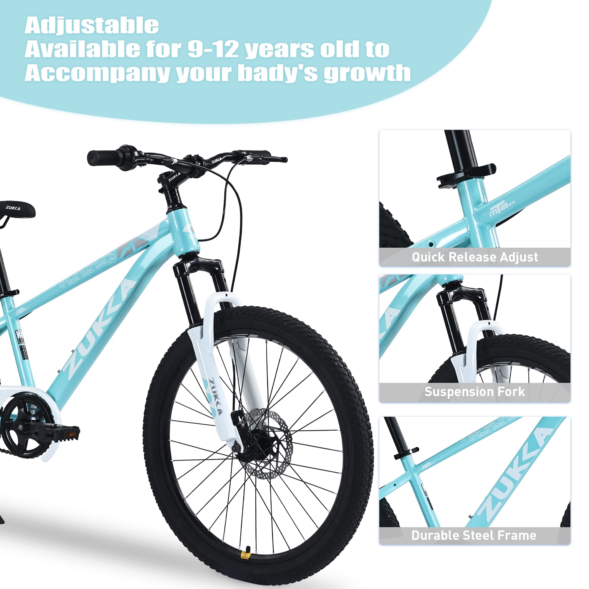24 Inch Mountain Bike for Kids 9-12 Years, Steel Frame Kids Bike with Dual Disc Brakes, 24" Youth Bicycle with Suspension Fork