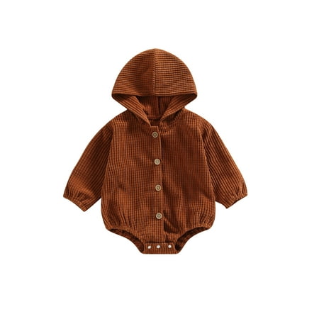 

Infant Baby Girls Boys Romper Solid Color Hooded Button-Down Long Sleeve Jumpsuits Fall Winter Corduroy Bodysuits