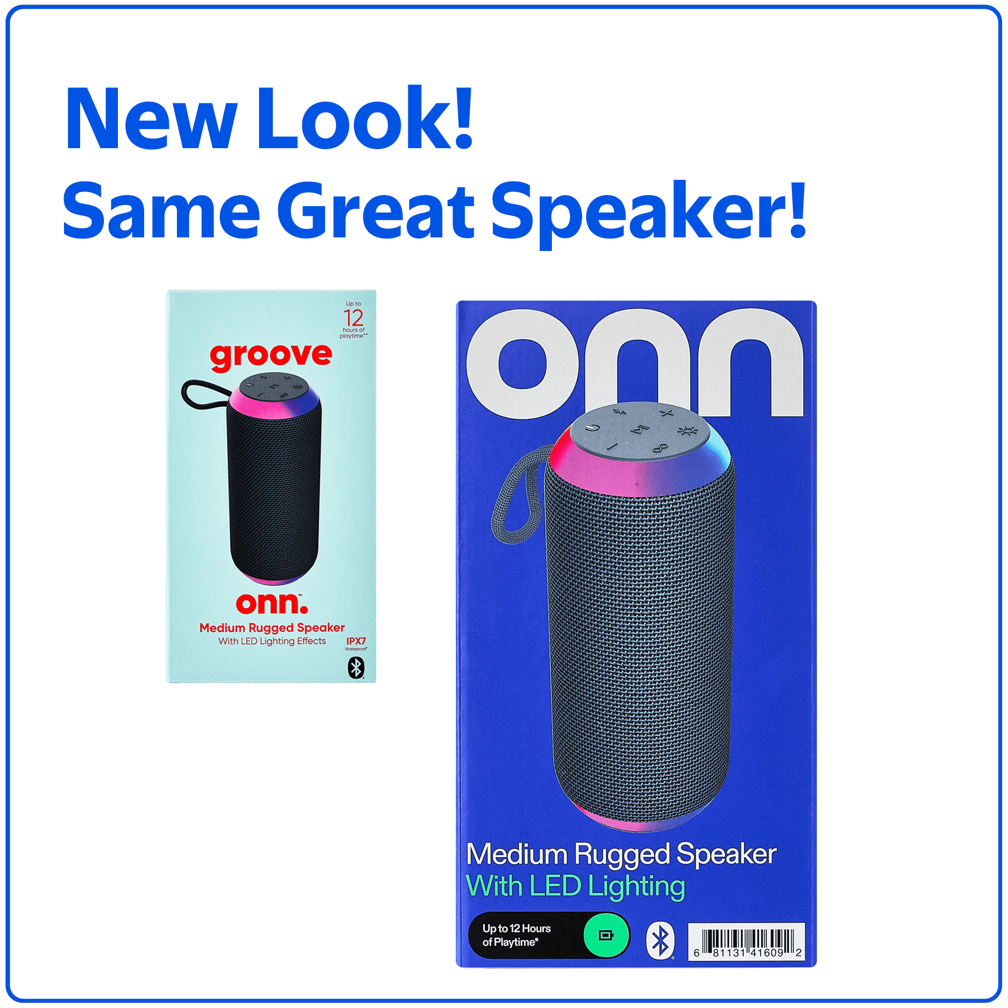 onn Medium Rugged Speaker with Bluetooth Wireless Technology and LED Lighting, Gray