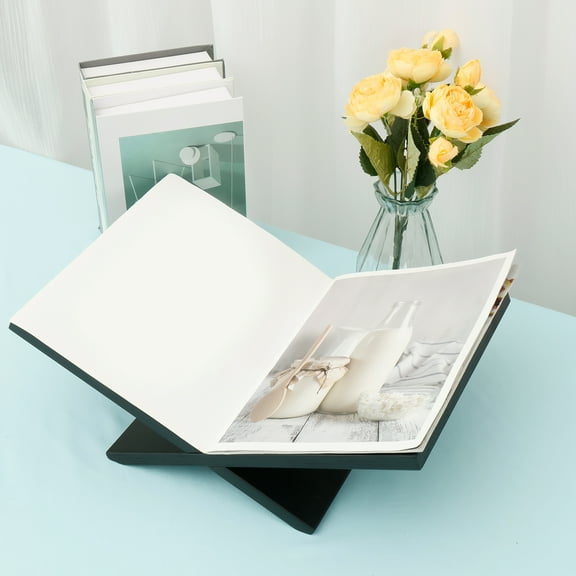 Grusce Solid Wood Book Stand, Black Cross Frame Wooden Book Holder, Open Bookstand for Display and Reading, Easel for Magazine Cookbook Textbook Art Study Coffee Table Decor