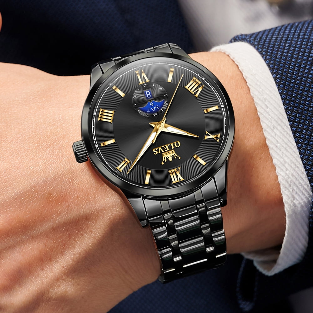 OLEVS Watches for Men Business Dress Waterproof Analog Quartz Stainless Steel Luminous Roman Numeral Classic Men Wrist Watches Reloj Para Hombre Black Dial
