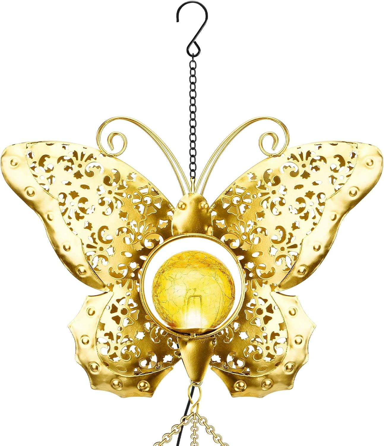 JYPS Butterfly Solar Wind Chimes with Crackle Glass Ball, 42-Inch Large Waterproof Outdoor Garden Decor for Patio Yard, Unique Gifts for Women Mom Grandma, Mother's Day Birthday Easy-Install Design