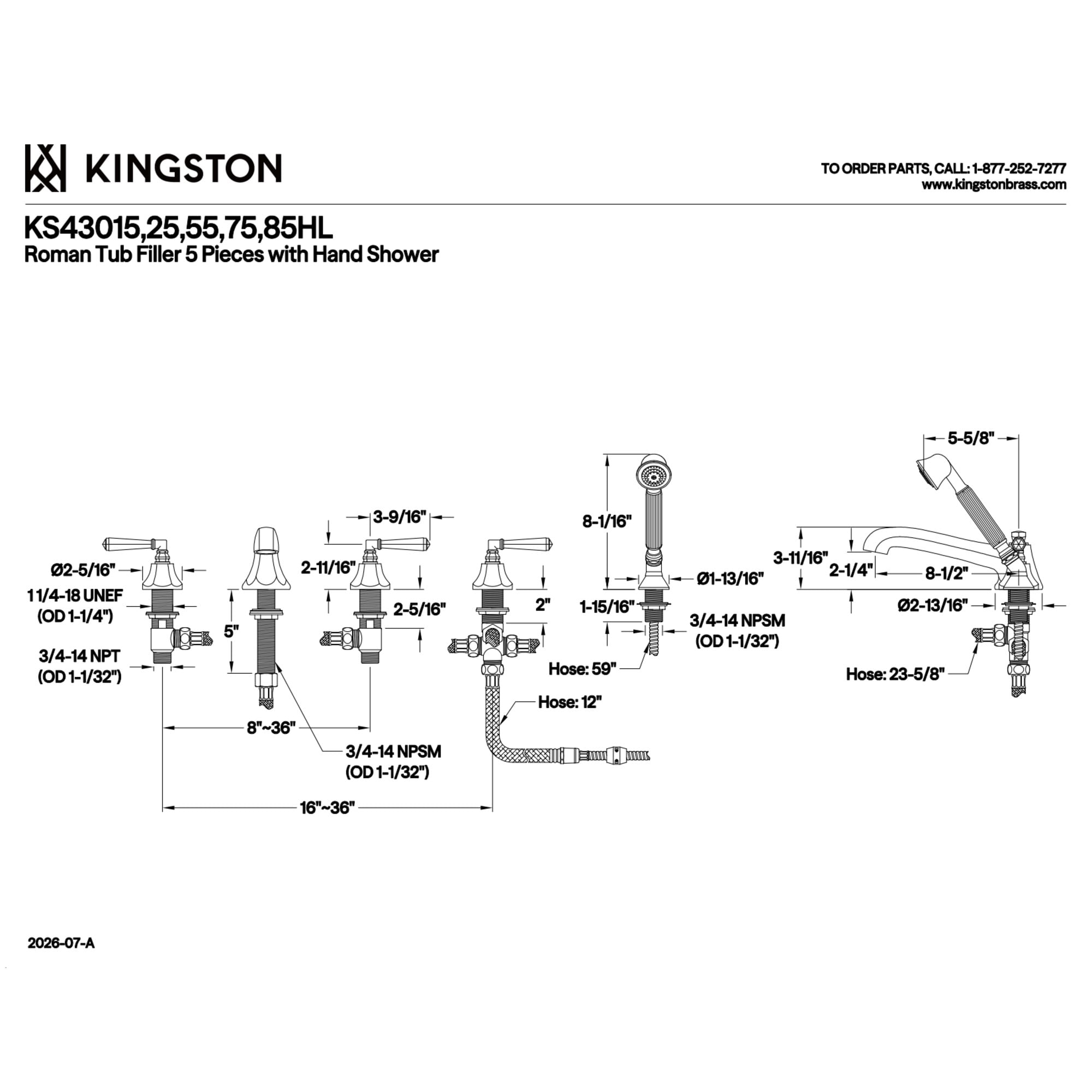 Kingston Brass KS43015HL 5-Piece Roman Tub Faucet with Hand Shower, Polished Chrome