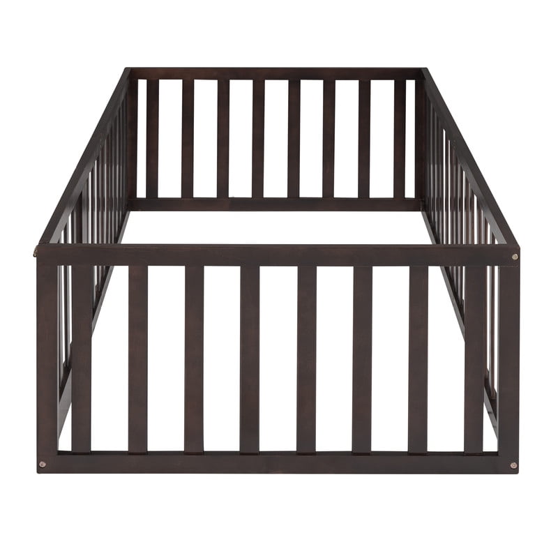 Twin Size Floor Bed Platform Bed with Fence and Door, Wood Montessori Bed Toddler Bed Playhouse Bed for Boys Girls, No Slats