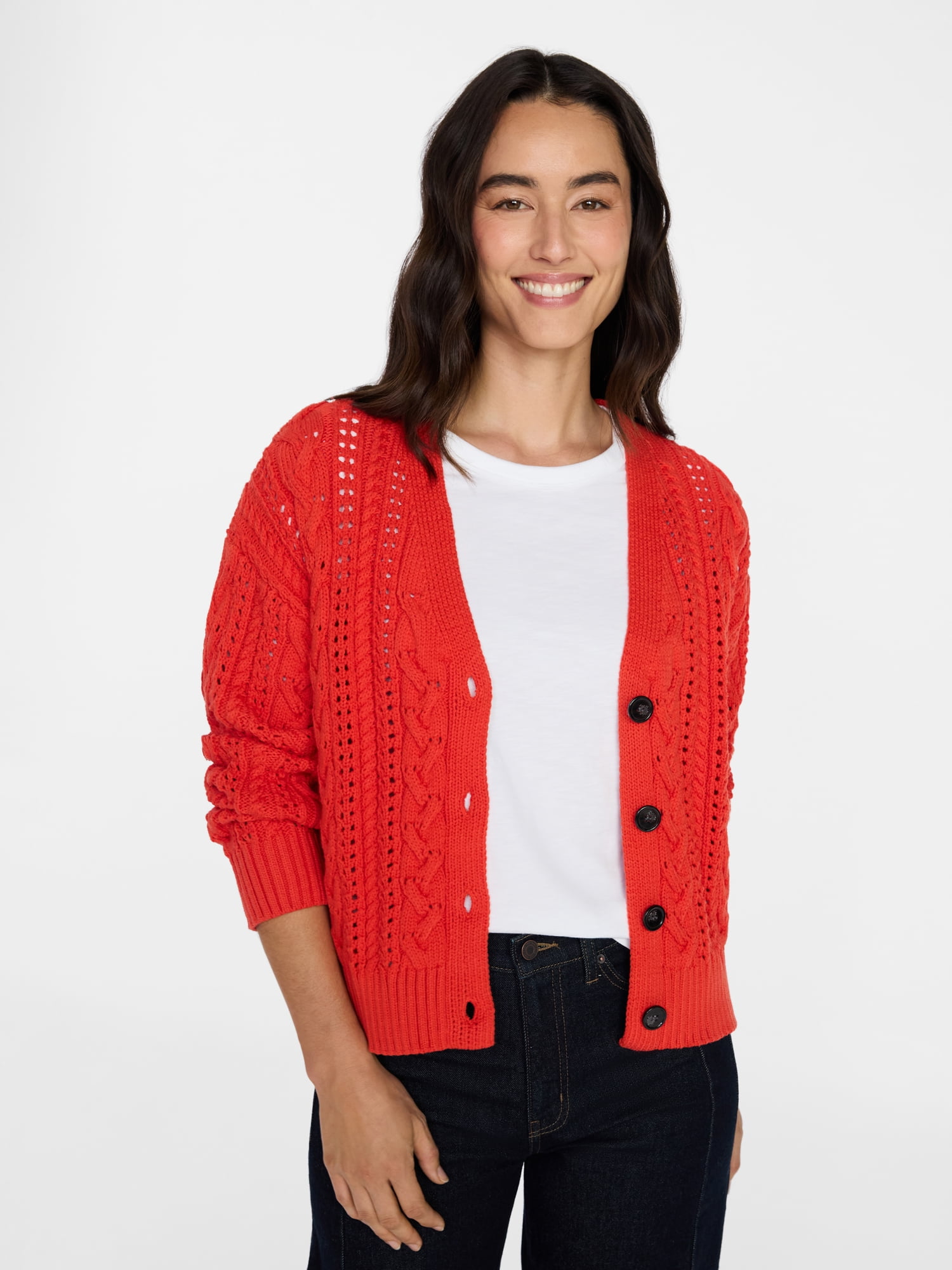 Time and Tru Women's Cable Knit Cardigan Sweater with Long Sleeves, Lightweight, Sizes XS-XXXL