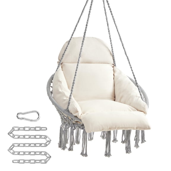 SONGMICS Hanging Chair Hammock Chair with Large Thick Cushion Boho Swing Chair for Bedroom Patio Balcony Garden Holds up to 264 lb Accessories Included Dove Gray and Cream White UGDC042M11