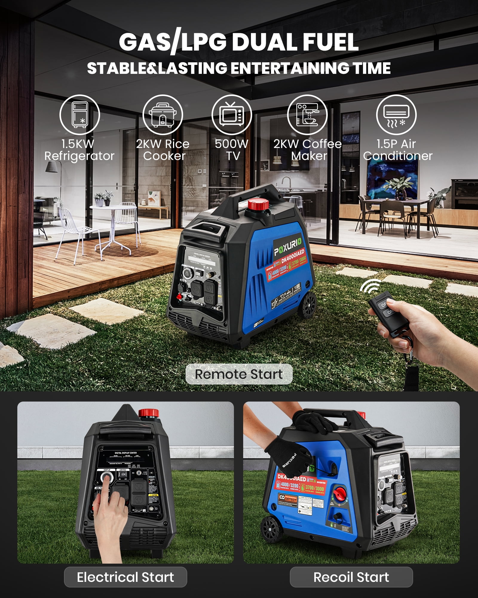 4000 Watt Dual Fuel Portable Inverter Generator, Remote Start, CO Shut-Off