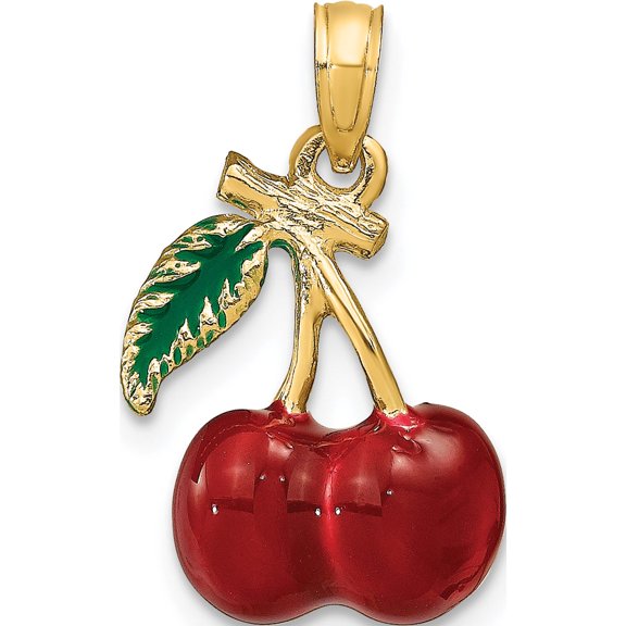 14K Yellow Gold 3-D Enamel Cherries With Leaf Charm Made In United States k6924