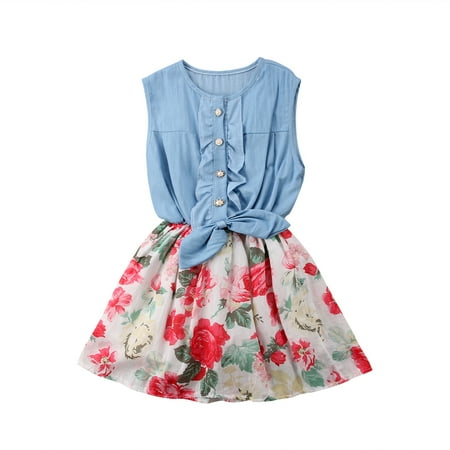 Girl Sleeveless Flower Denim Dress Toddler Bow Princess Party Skirts Sundress