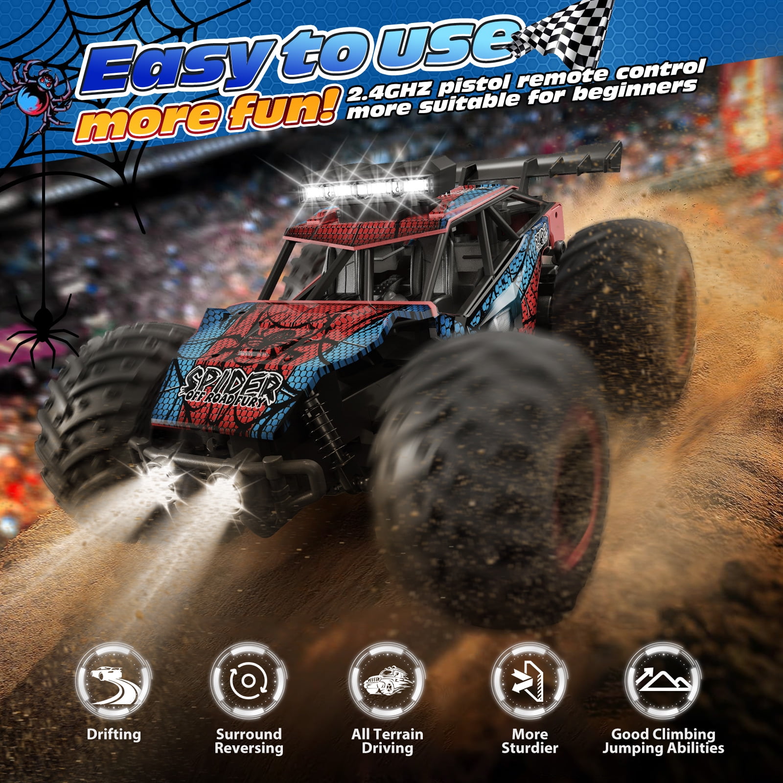 Teonock RC Truck Remote Control Car for Kids, 1:20 Scale off Road 2WD RC Cars with LED Lights, 50 Min Run Time, 2.4GHz All Terrain Toy Vehicle Gifts