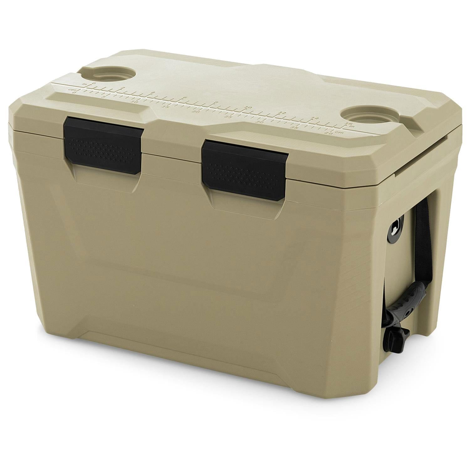 Resenkos Insulated Hard Shell Portable Cooler with Cup Holders Bottle Opener and Drain Plug, Outdoor Ice Chest for Camping, Beach and Picnics, Brown