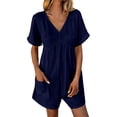thumbnail image 2 of Women's V Neck Cotton Linen Jumpsuit with Pocket, Short Sleeve Back Zipper Romper, Casual Summer Jumpsuit for Beach Vacation, Streetwear and Daily Wear-Navy, 2 of 9