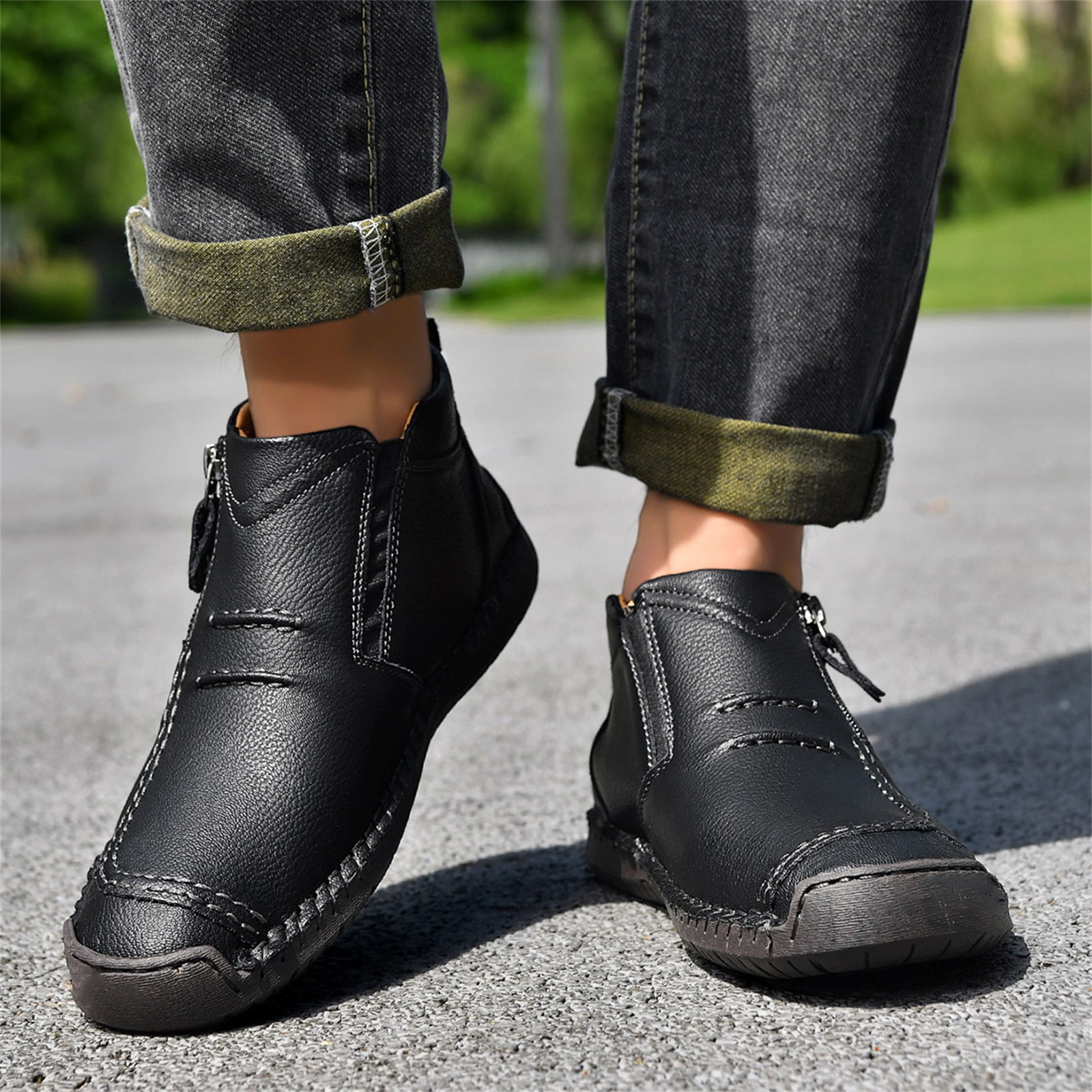 HTHLVMD Side Zipper Boots for Men, Men’S Slip-On Orthopedic Leather Boots,Men’S Handmade Premium Leather Slip-On Driving Boots,Men Side Zipper Orthopedic Shoes for Driving Hiking, Black 11.5