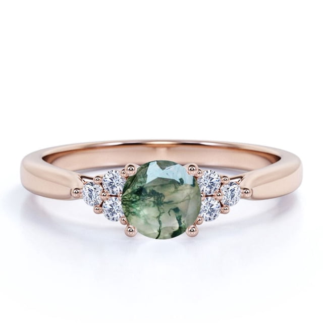 JeenMata Anillo de Compromiso de 1,10 Quilates con Engaste Tipo Catedral de Cuatro Puntas y Siete Piedras Redondas de Ágata Verde Musgo y Racimo de Moissanita en Baño de Oro Rosa de 18 K sobre Plata