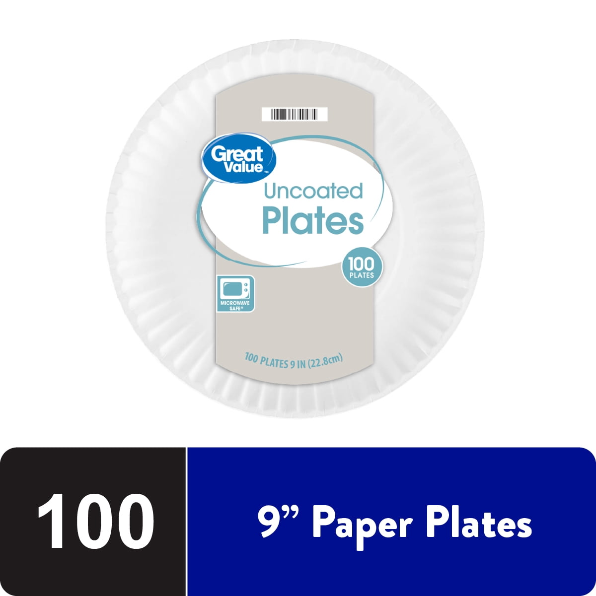 Great Value Uncoated Disposable Paper Plates, 9", 100 Count