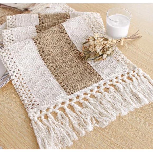Camino de mesa Fexia Boho en macramé, color crema y marrón, 230 x 30 cm, algodón