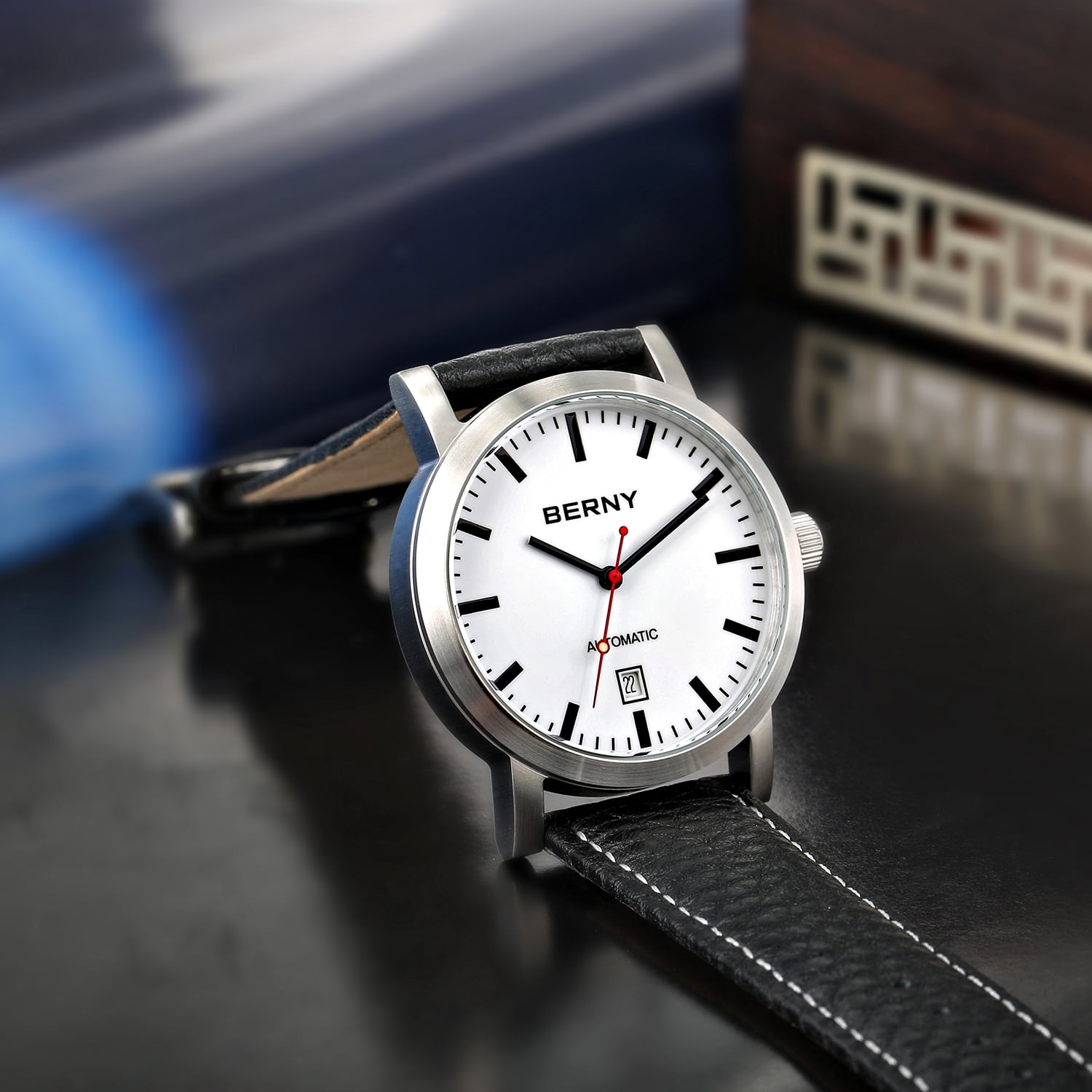 BERNY Automatic Watch for Men, Classic Mechanical Wristwatch with Genuine Leather Strap, Date Calendar, 5ATM Waterproof, Super Luminous, Red Seconds Hand (White)