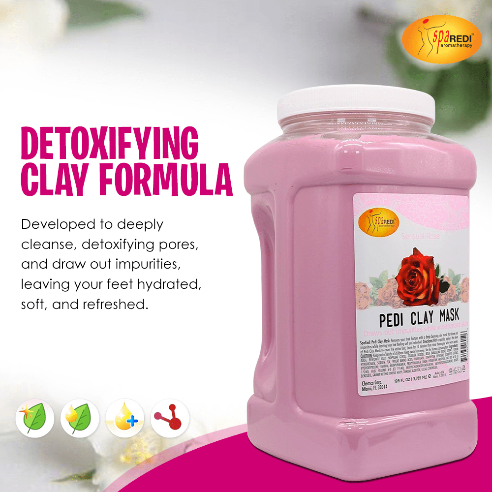 SPA REDI - Clay Mask, Sensual Rose, 128 Oz - Pedicure and Body Deep Cleansing, Skin Pore Purifying, Detoxifying and Hydrating - Natural Bentonite Clay, Infused with