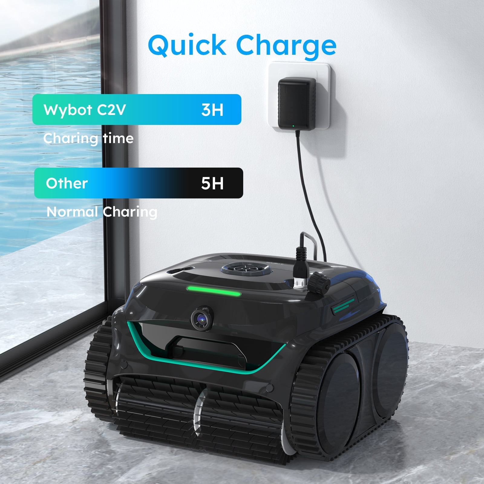 WYBOT C2 Vision AI Camera Cordless Pool Cleaner Robot for Inground Pools, 8 Mode Robotic Pool Cleaner, Ultra-Fine Filtration, Powerful Suction, Wall Climbing, Waterline Cleaning, Black & Green