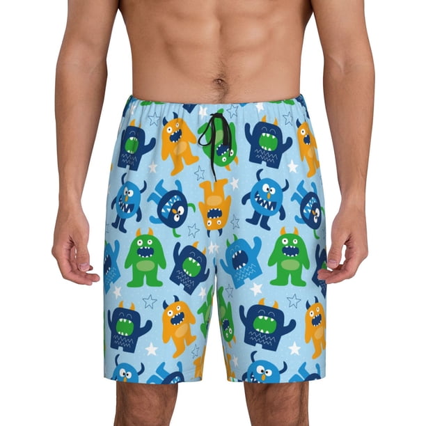 Balery Cartoon Monster Pantalones cortos de pijama de punto de algodón para hombre con cinturilla y bolsillos-Large