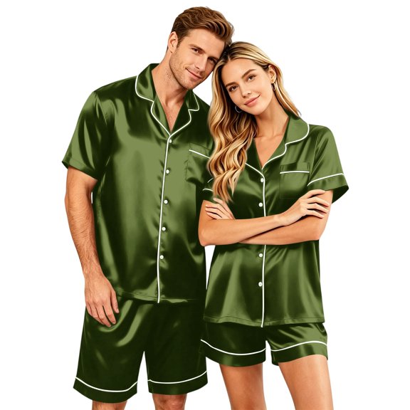 Garbnen Silk Couple Pajamas Matching Sets 2 Piece Short Sleeve Button Down Sleepwear Pjs Shorts Set Soft Mens Loungewear Set Green S