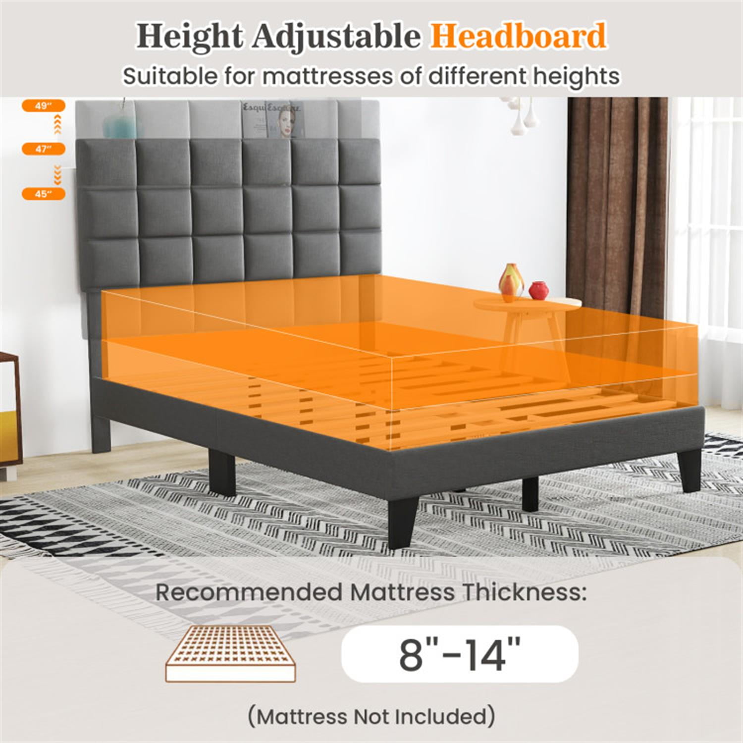 Demi Bonn Full Size Bed Frame with Adjustable Headboard, Modern Linen Platform Bed Frame with 10 Strong Wood Slat Support, No Box Spring Needed, Gray