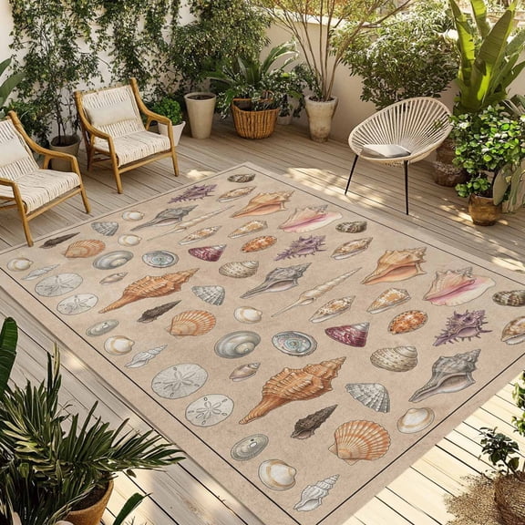 Retro Ocean Outdoor Rug for Patio/Deck/Porch, Non-Slip Large Area Rug 5 x 7 Ft, Brown Coastal Shells Conch Underwater Indoor Outdoor Rugs Washable Area Rugs, Reversible Camping Rug Carpet Runner